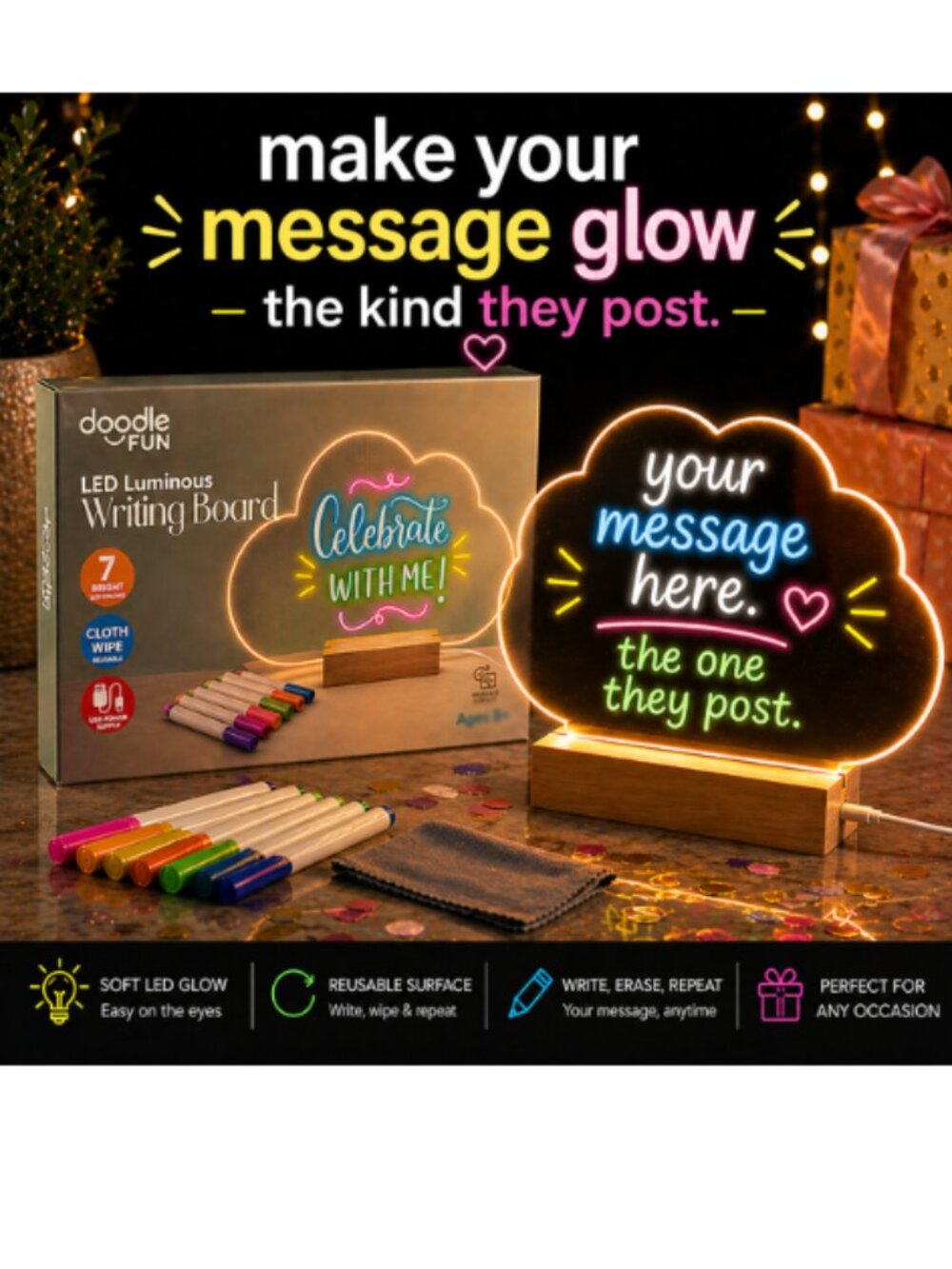 Make Your Message Glow – LED Writing Board w/ Markers | Reusable Message Board